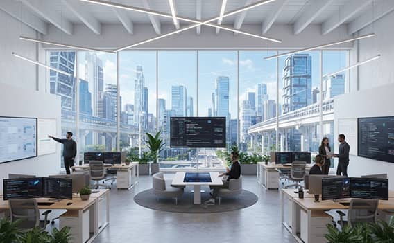 Omnitech modern glass boardroom with team discussing enterprise technology strategy