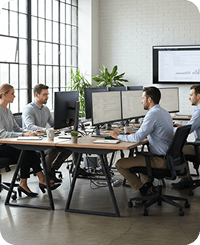Developers building modern software applications at workstation